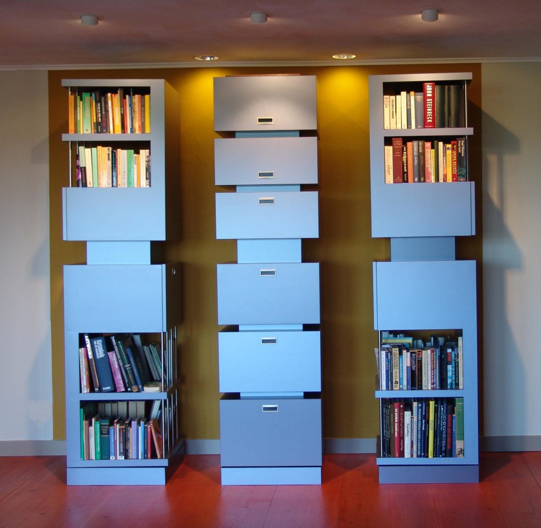 Draaibare boekenkasten, ontwerp Jan Stigt